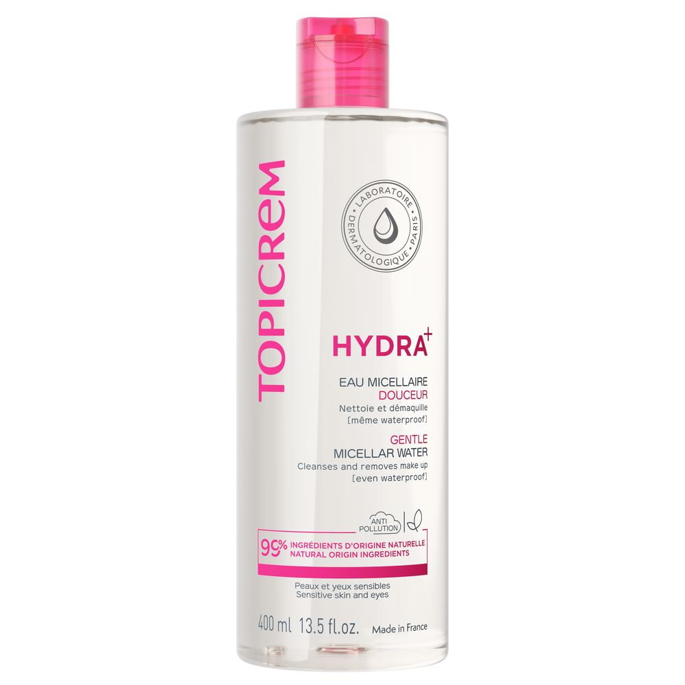 Bottle of Topicrem Hydra+ micellar water for gentle makeup removal and cleansing