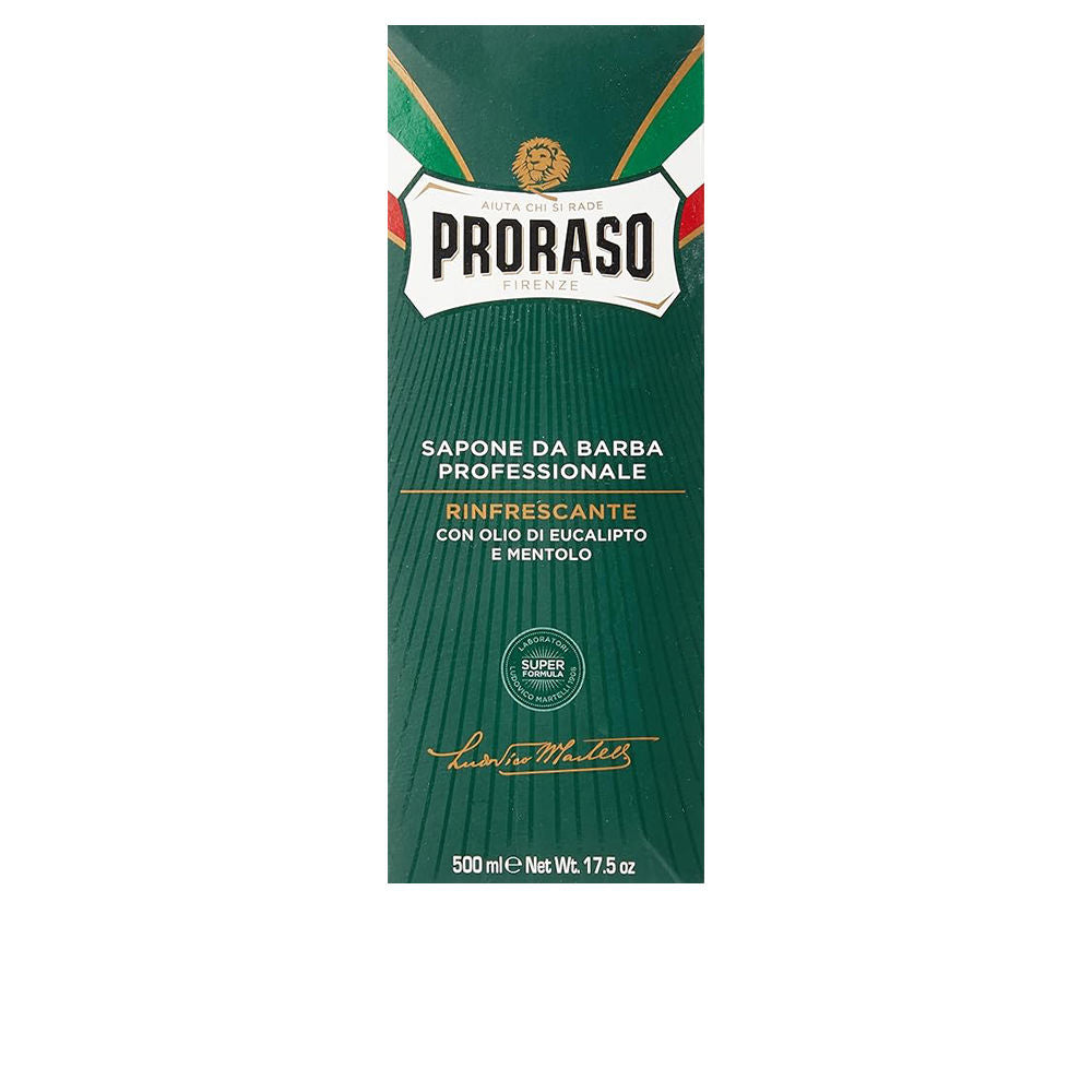 Tube of Proraso eucalyptus menthol shaving cream beside shaving brush and bowl