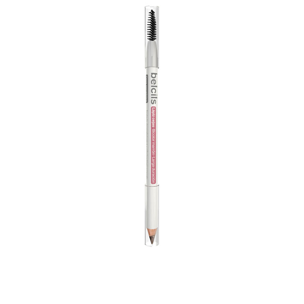 Dual-ended wood and plastic eyebrow pencil with brown slanted tip and black spoolie brush, Belcils