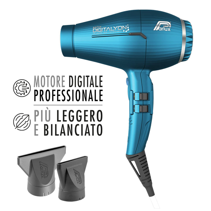 Blue DigitalyOn ionic hair dryer with concentrator nozzle, lightweight ergonomic shape