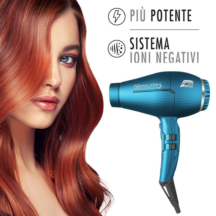 Blue DigitalyOn ionic hair dryer with concentrator nozzle, lightweight ergonomic shape