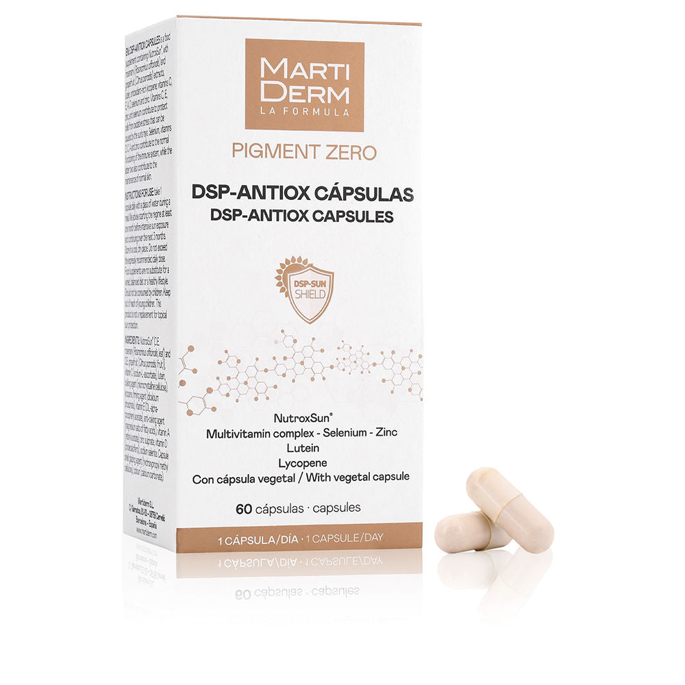Martiderm White and beige plastic capsules beside minimalist cardboard box with text and logo, expert-crafted appearance
