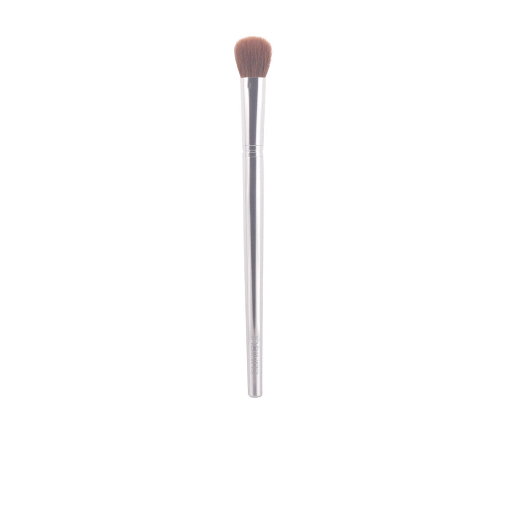 Clinique eye shader brush with silver metal handle and dense rounded brown bristles, tapered end.