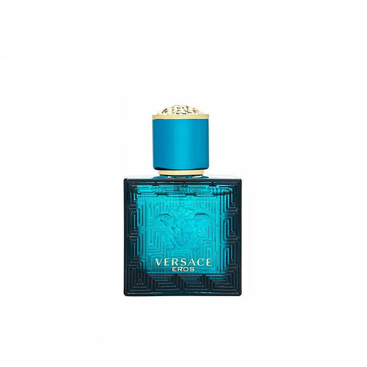 Blue Versace Eros bottle with Medusa emblem against a clean backdrop
