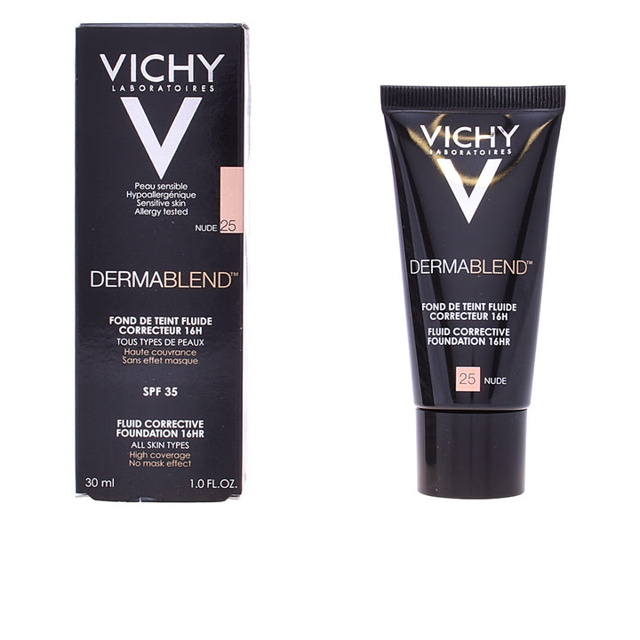 Vichy Black matte foundation tube and box with white and beige text, beige swatch labeled 25 NUDE