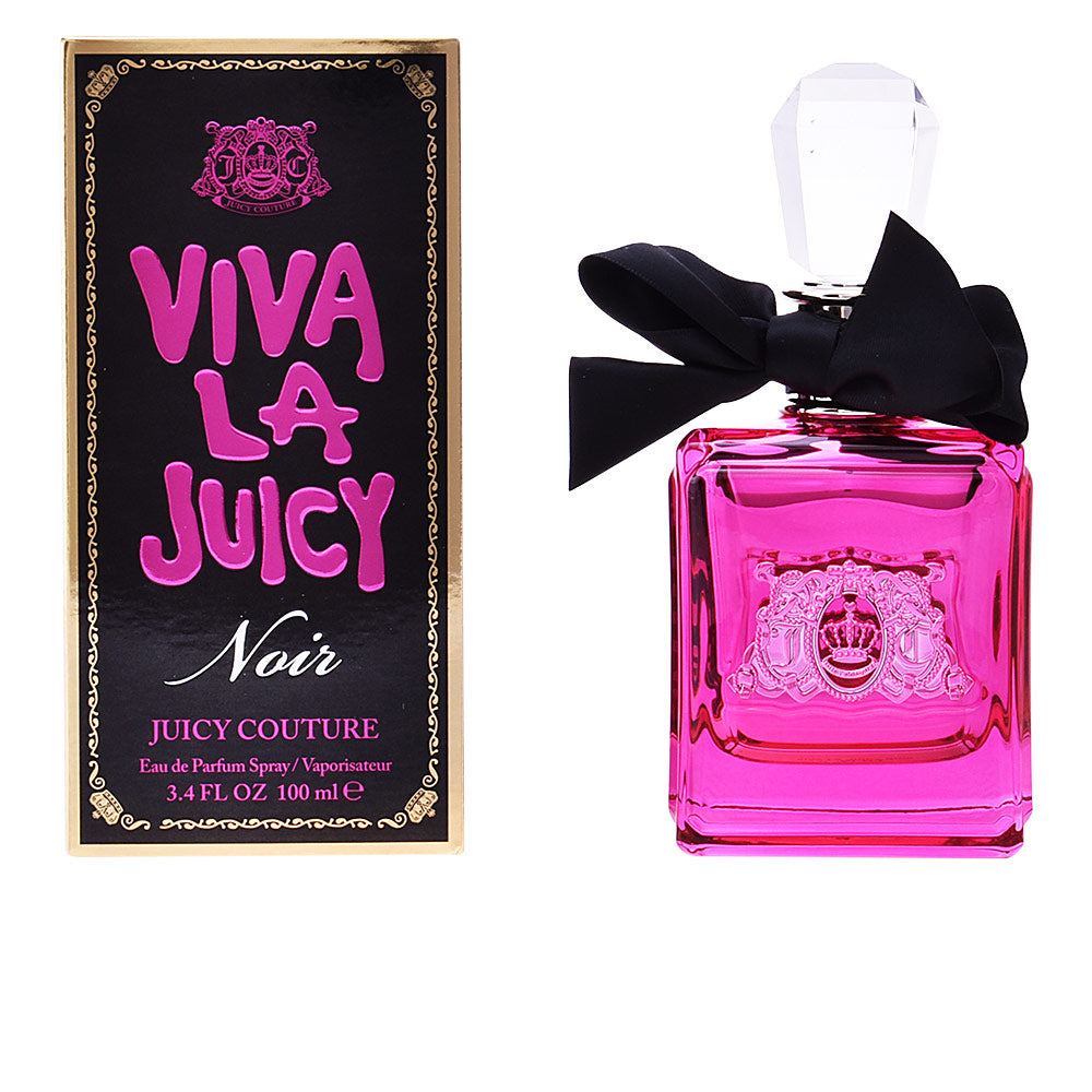 Rectangular pink glass perfume bottle with embossed crest, black fabric bow and faceted clear cap — Juicy