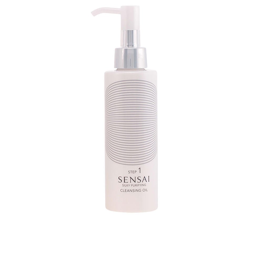 Sensai White cylindrical plastic cleansing oil bottle with pump, horizontal line pattern, minimalist craftsmanship .