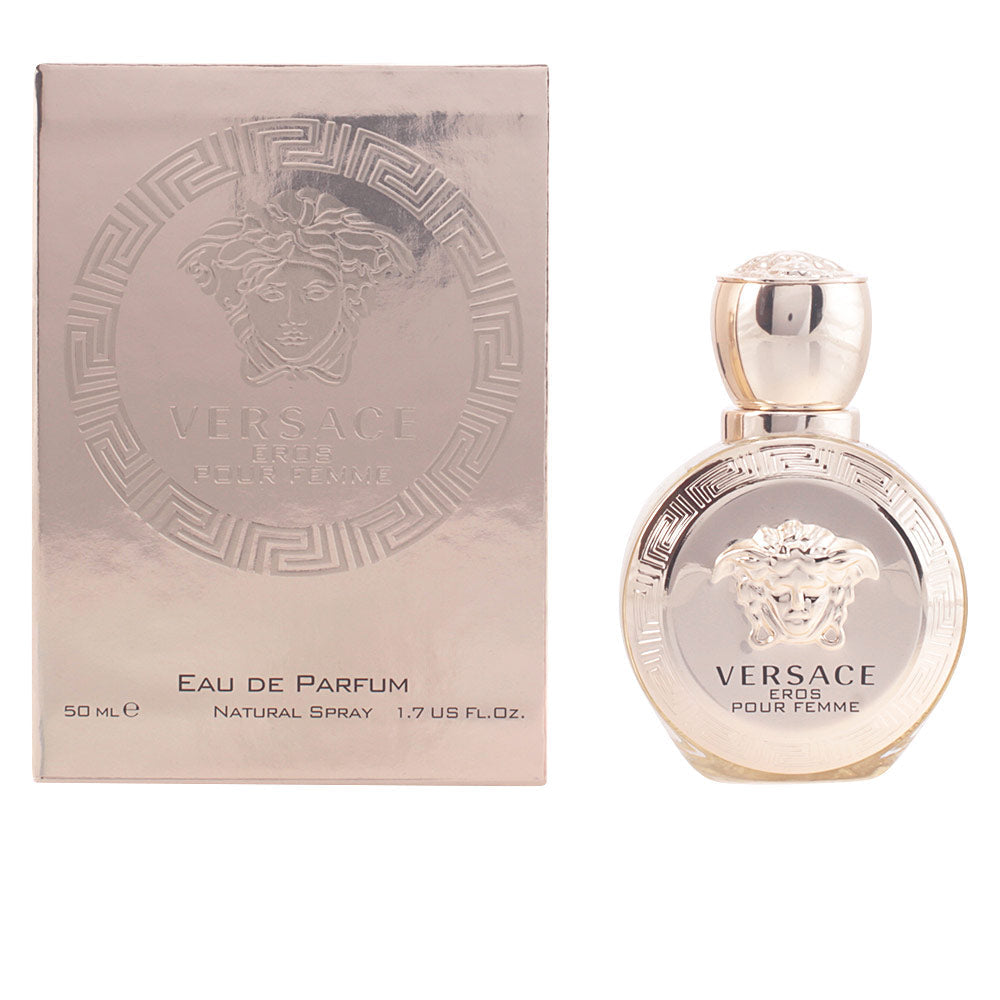 Round golden perfume bottle with Medusa motif, 30 ml, floral‑woody EDP