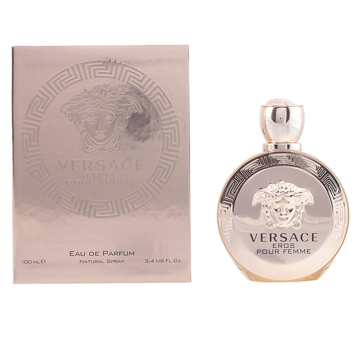 Round golden perfume bottle with Medusa motif, 30 ml, floral‑woody EDP