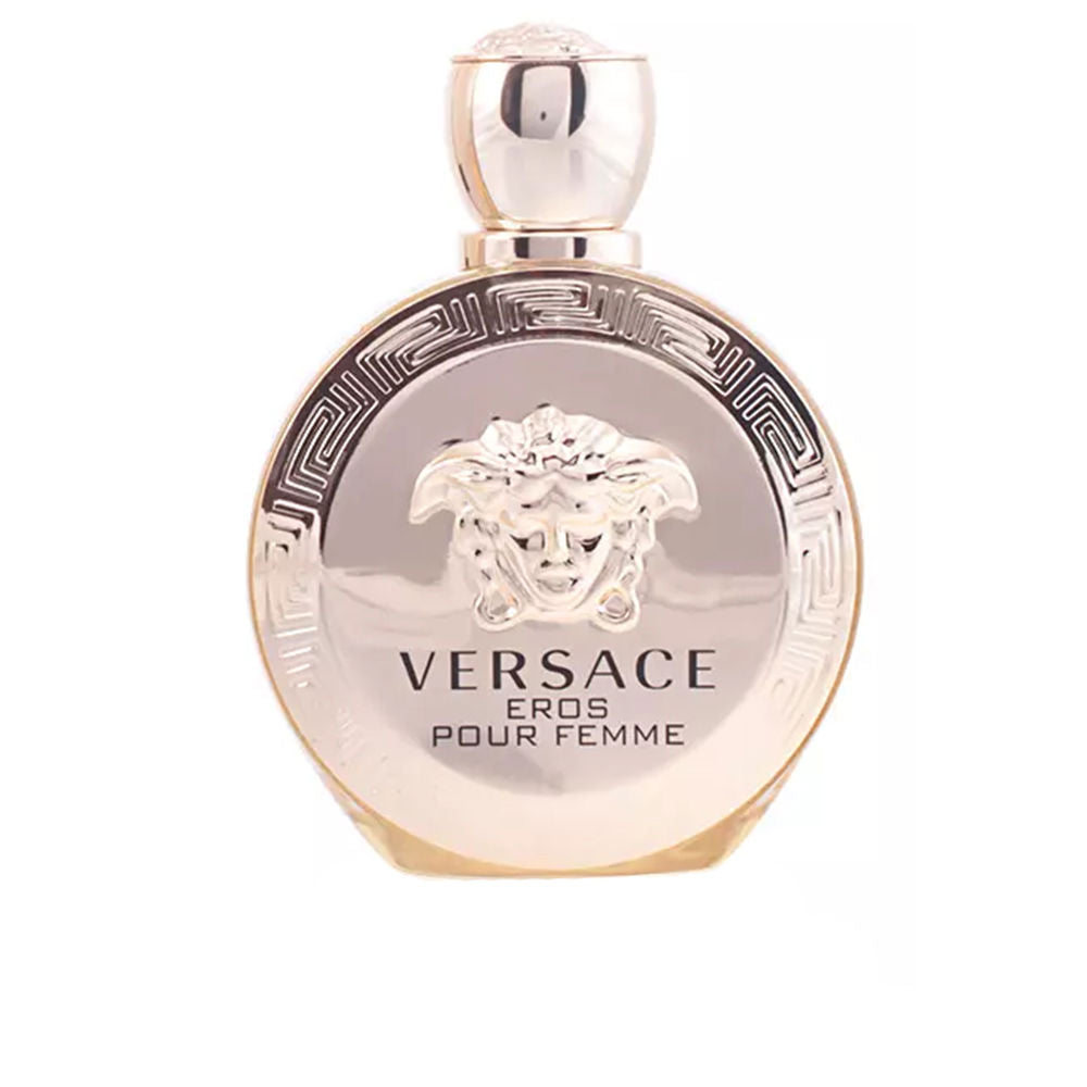 Round golden perfume bottle with Medusa embossing, 100 ml, Floral‑Woody scent