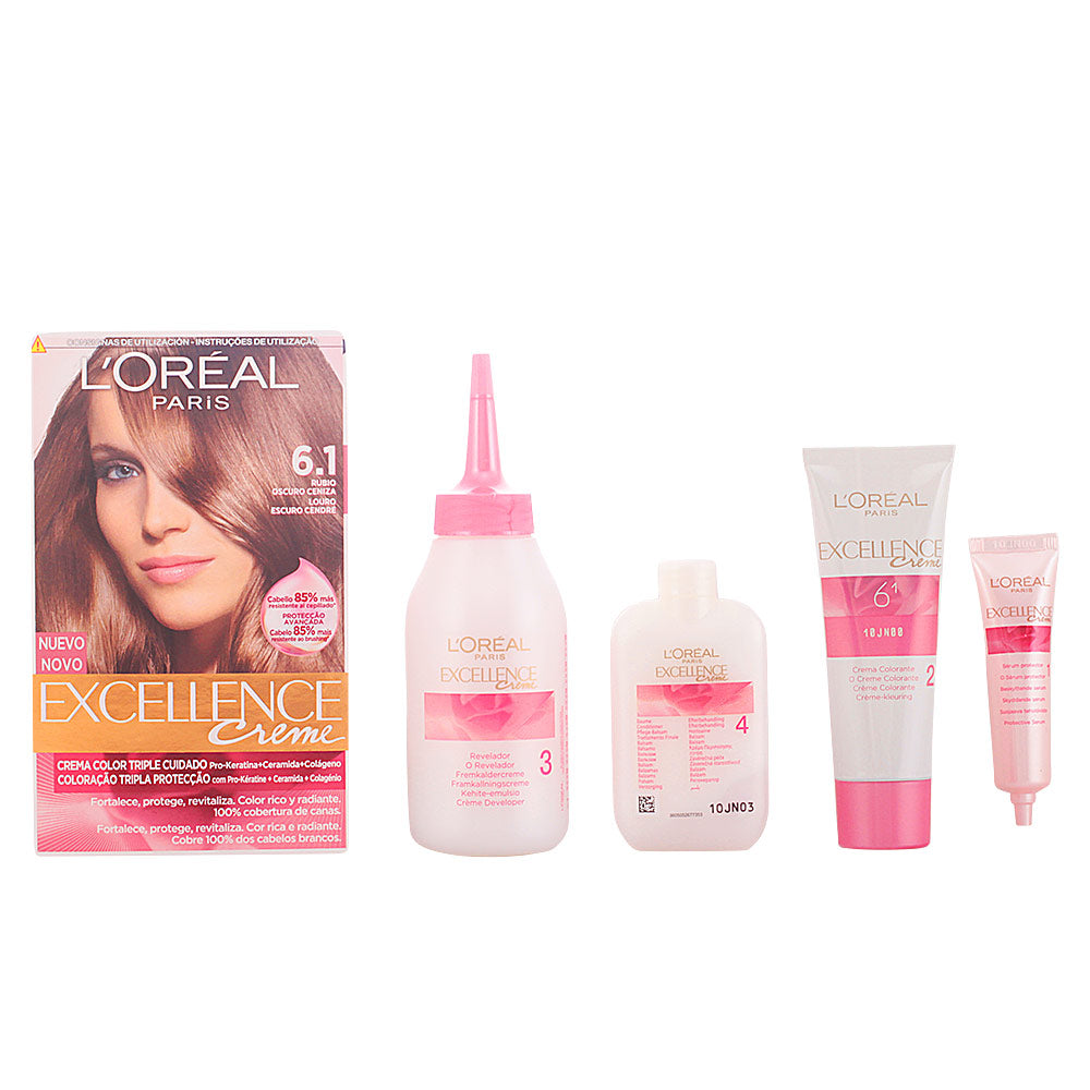 Tube and developer bottle with ash‑toned shade 6.1 hair colour cream kit, 192 ml