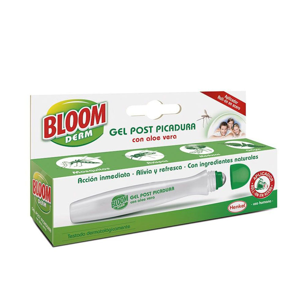 Bloom Green and white plastic roll-on gel tube with branding text, paired cardboard box showing product image and family