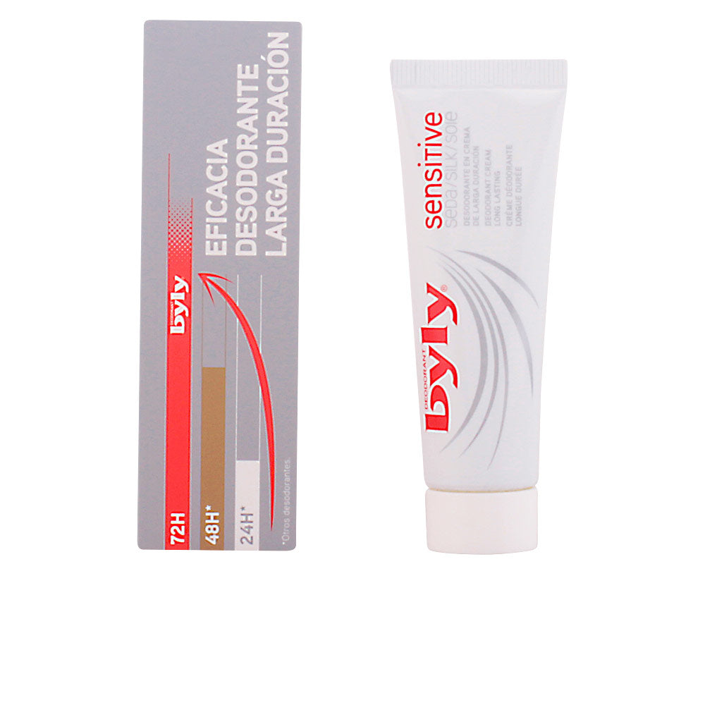 Byly White and red deodorant cream tube with grey text beside matching box, modern clean packaging