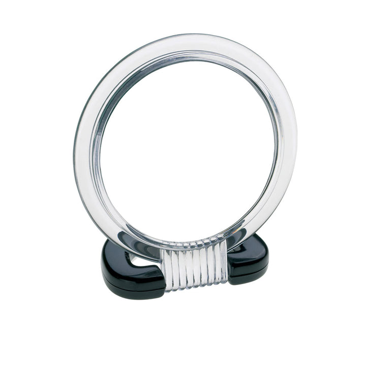 Clear and black plastic double-sided folding mirror with circular face and ribbed grip, Beter