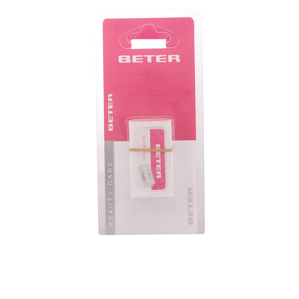 Pink, white, and gray rectangular plastic blister pack showing brand Beter and five stainless steel blades