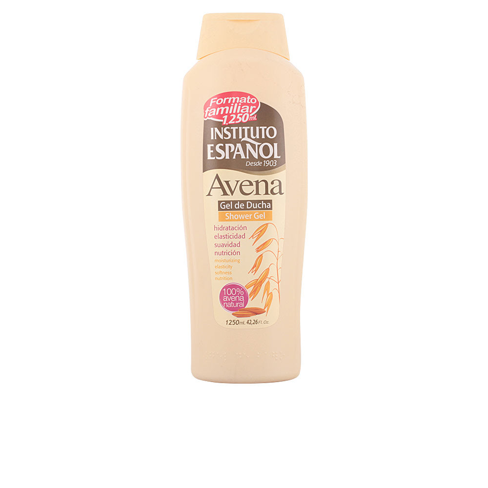 Instituto Español Beige plastic shower gel bottle with flip-top cap, natural-themed label and oat graphics
