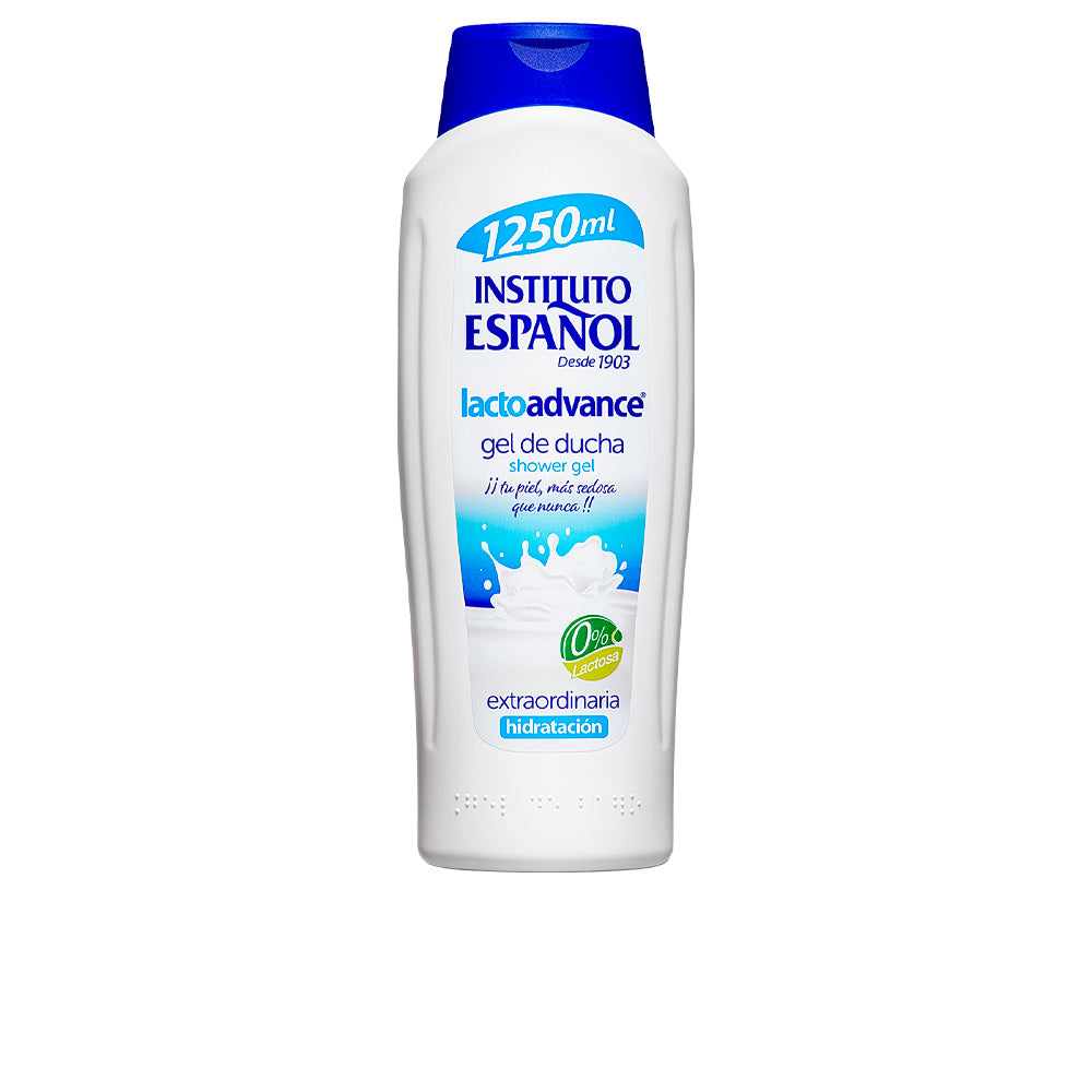 White and blue plastic shower gel bottle with flip-top cap and splash graphic, Instituto Español
