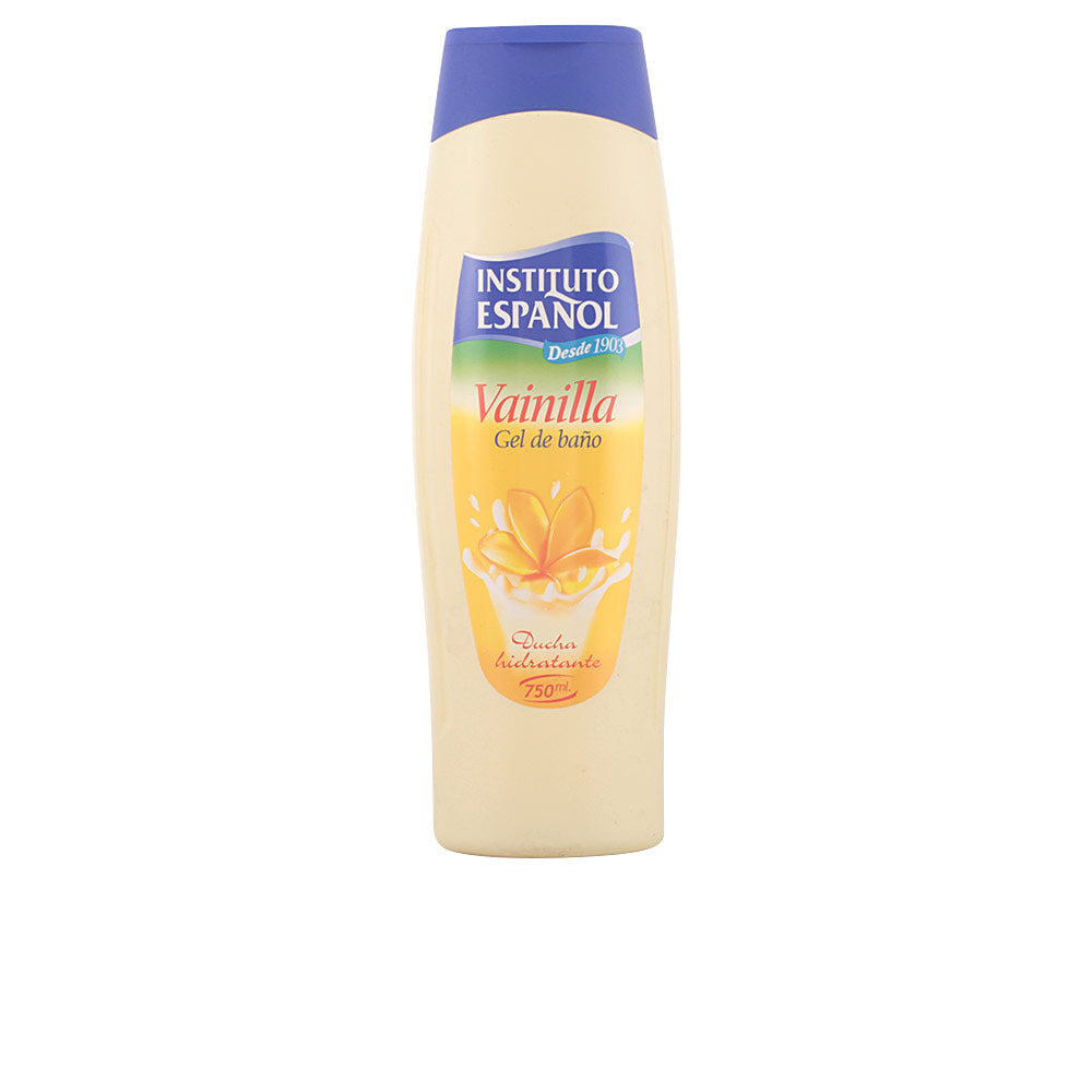 Instituto Español Cream-colored curved plastic body wash bottle with blue cap, floral image, logo, and product label.