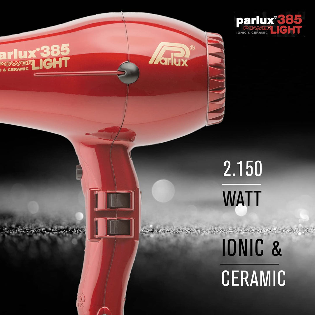 Red compact professional hair dryer with ergonomic handle, 3 m cable, ionic ceramic barrel