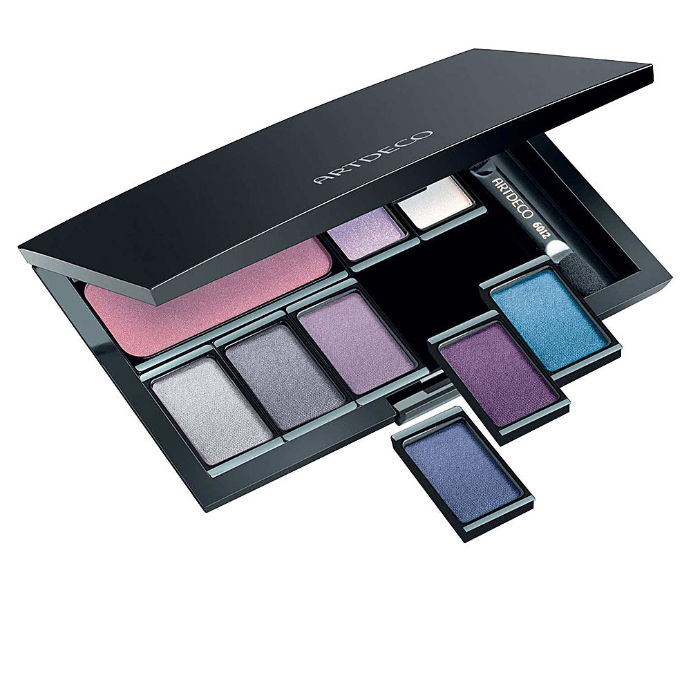 Artdeco Black compact plastic eyeshadow palette with removable pans, included applicator brush, multicolored shades