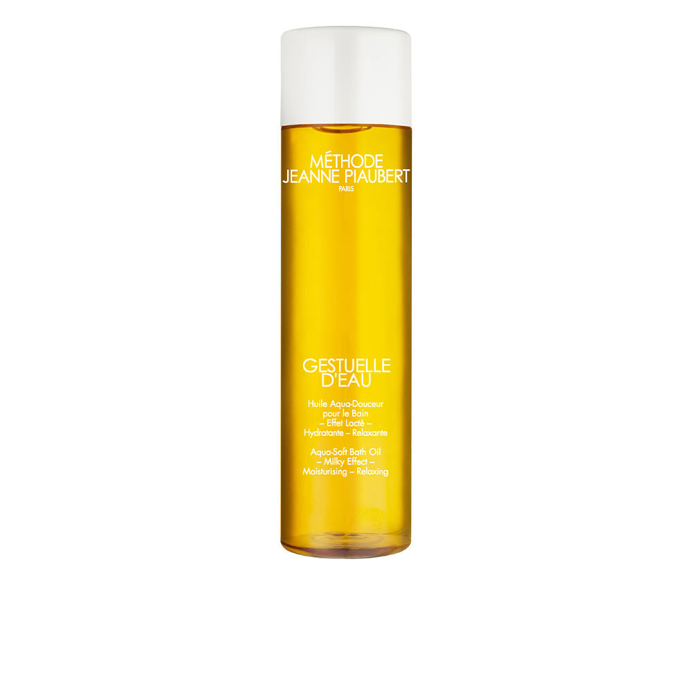 Jeanne Piaubert Transparent minimalist plastic bath oil bottle with white cap, pale yellow oil visible — .