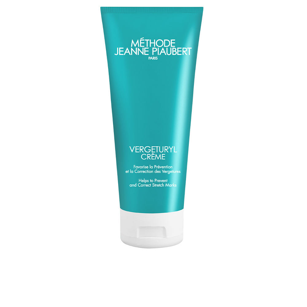 Jar of Vergeturyl stretch mark cream by Jeanne Piaubert on a neutral background.