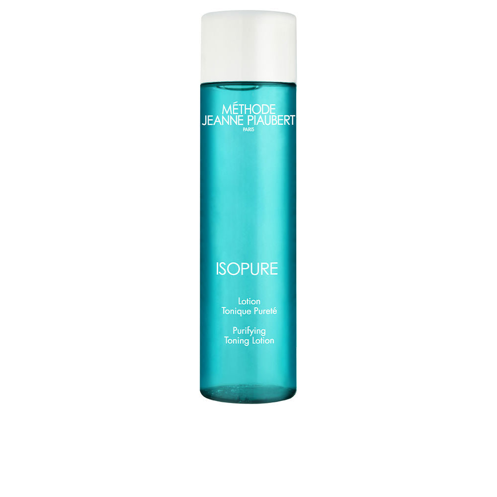 Jeanne Piaubert Turquoise transparent cylindrical toning lotion bottle with white cap and printed text, plastic finish