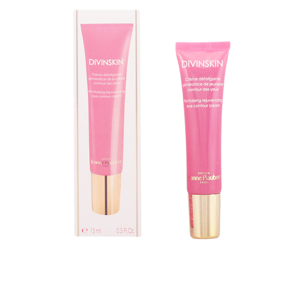 Jeanne Piaubert Pink plastic tube eye contour cream with golden cap, printed text and compact size