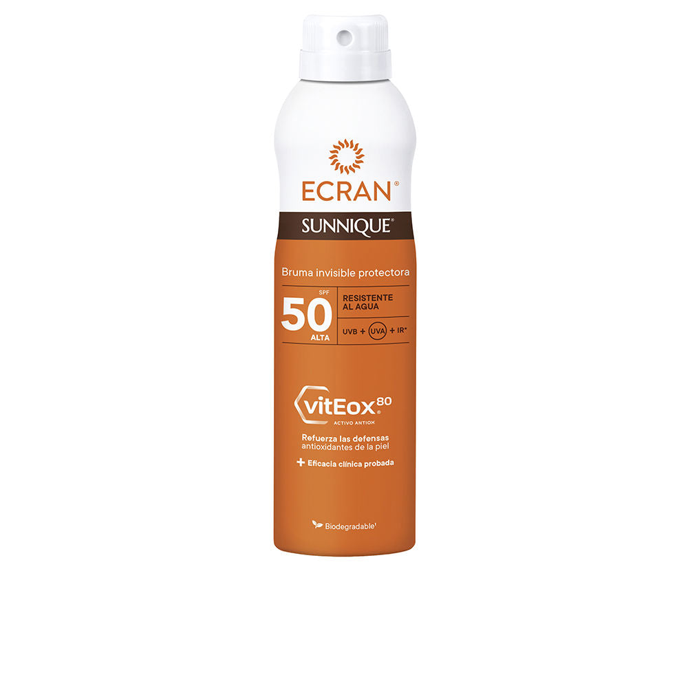 Ecran White and orange plastic spray bottle with white nozzle, front text, logos, biodegradable symbol