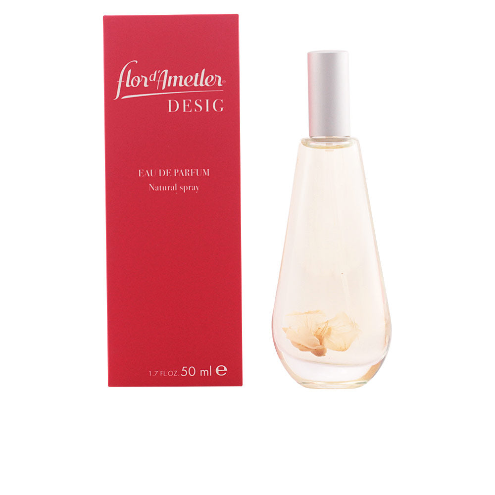 Transparent glass perfume bottle with black cap, three almond blossoms inside, 50 ml