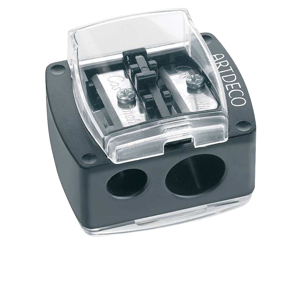 Artdeco dual pencil sharpener in black and transparent plastic with metal blades and cover.