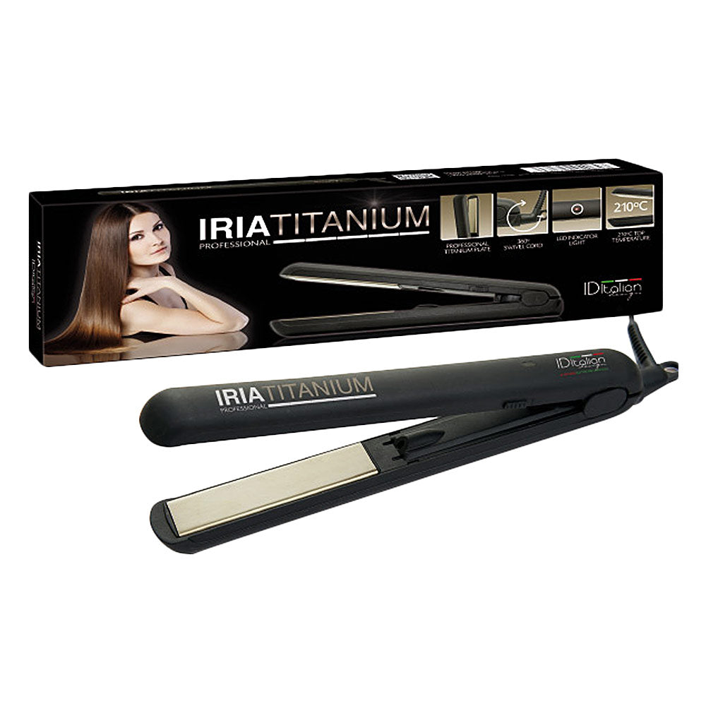 Compact titanium flat iron with slim plates, 360° swivel cord, indicator light