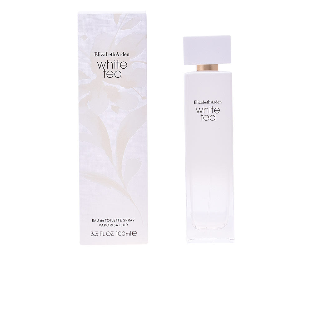Clear glass 100 ml eau de toilette bottle with white label, subtle floral-woody theme
