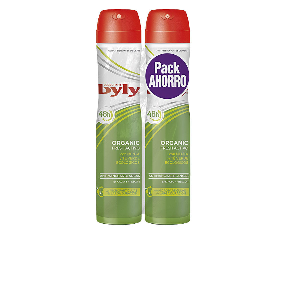 Tall spray deodorant with green, white, red, purple, yellow label; Organic Fresh styling, Byly included.