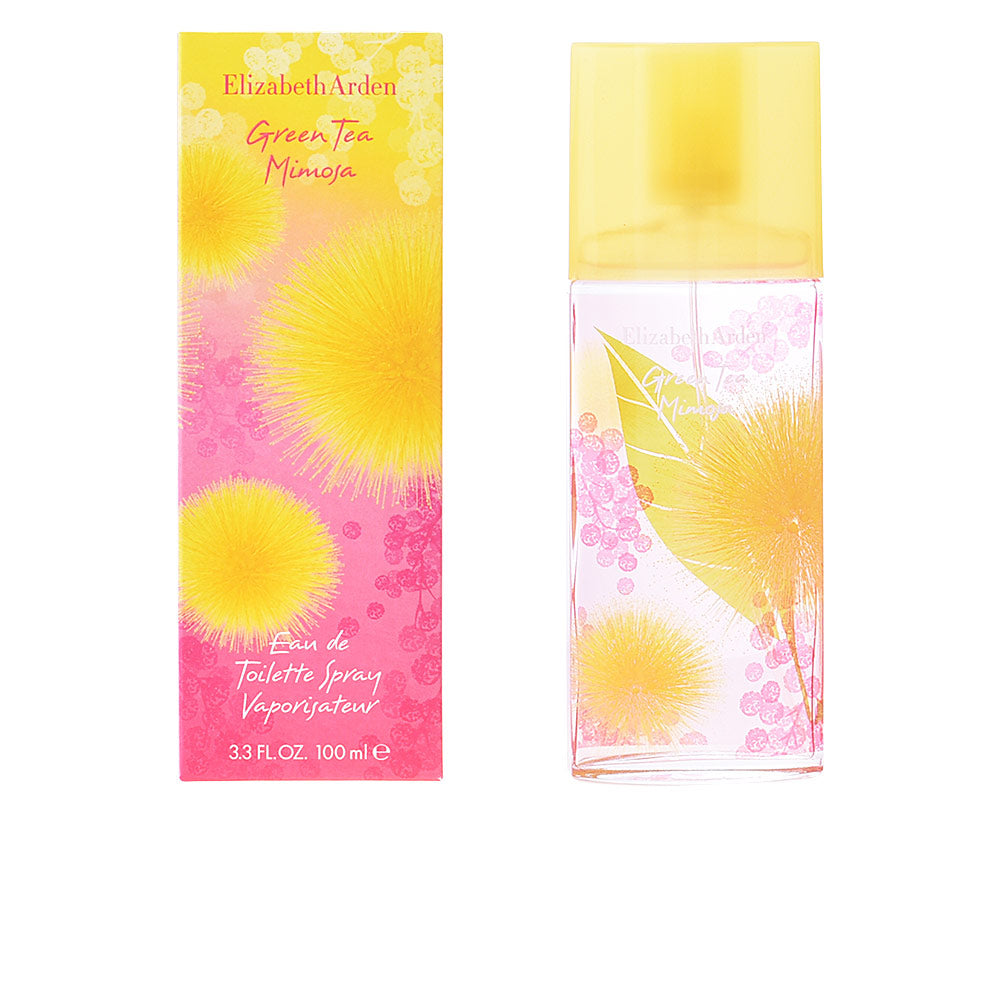 Elizabeth Arden Transparent glass eau de toilette bottle with yellow plastic cap, pink floral label, bright feminine tones