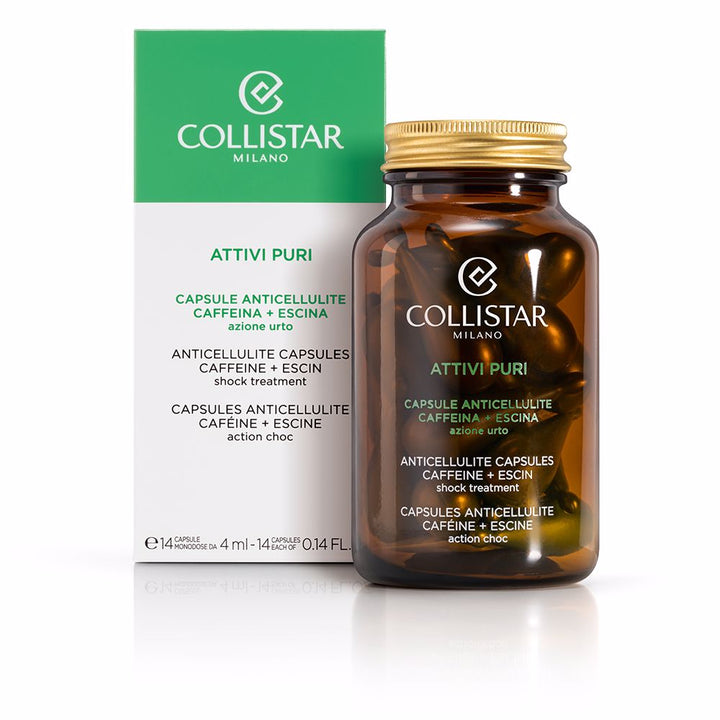 Collistar Transparent amber glass bottle with gold screw cap showing visible capsules and printed front logo