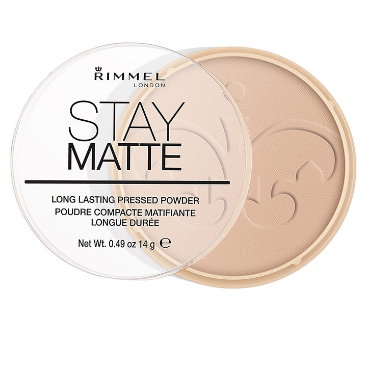 Rimmel Beige pressed powder in round plastic compact with embossed design and transparent lid