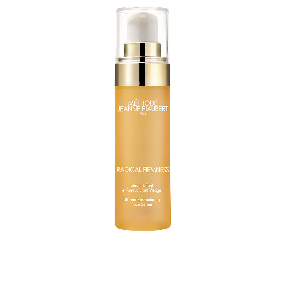 Jeanne Piaubert Golden yellow cylindrical face serum bottle with pump dispenser and transparent cap, white text branding