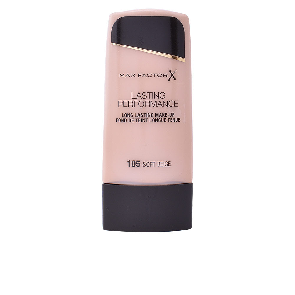 Bottle of soft beige fluid foundation with pump, 35 ml, unisex long‑wear