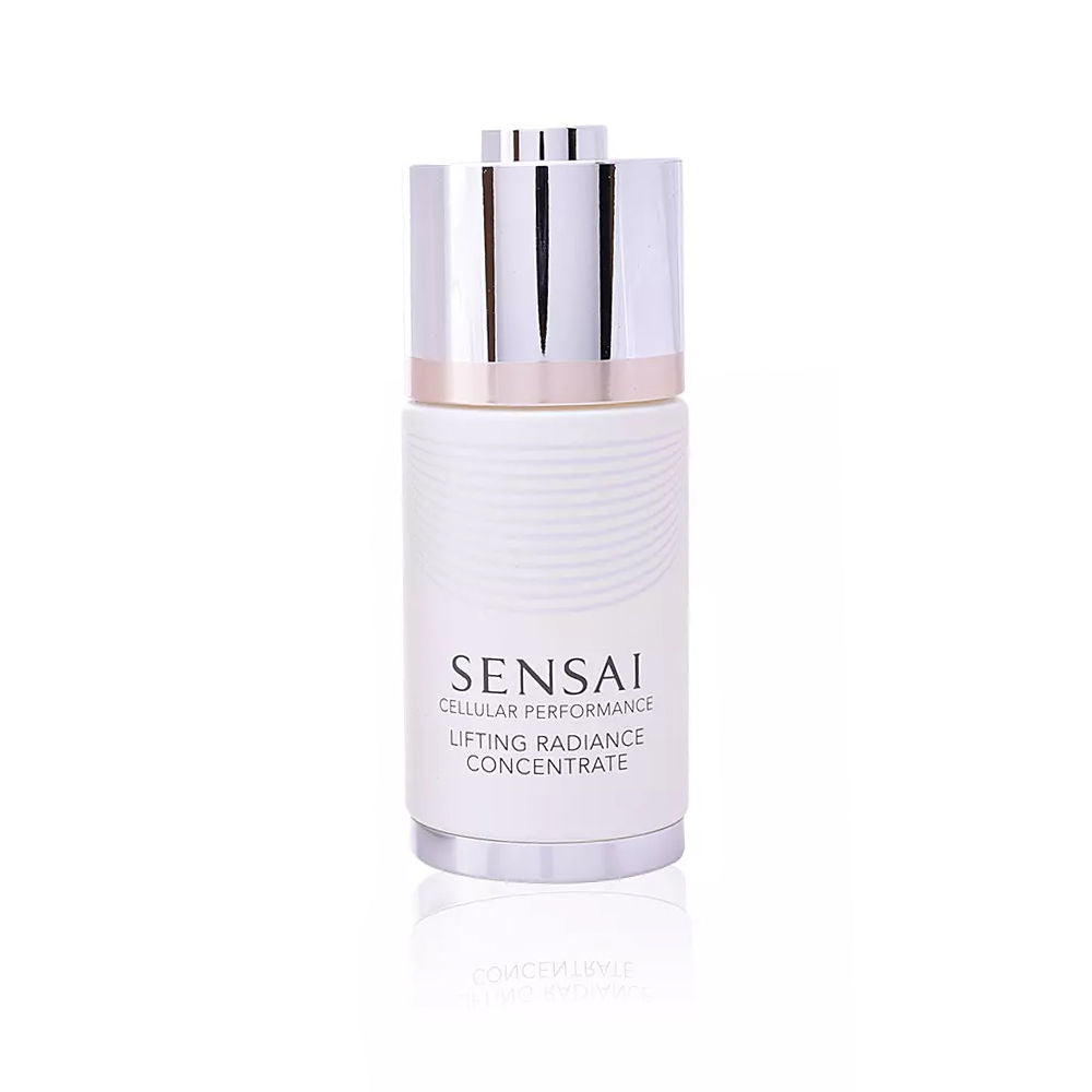 Minimalist white and silver plastic skincare serum bottle with pump dispenser and reflective cap, Sensai