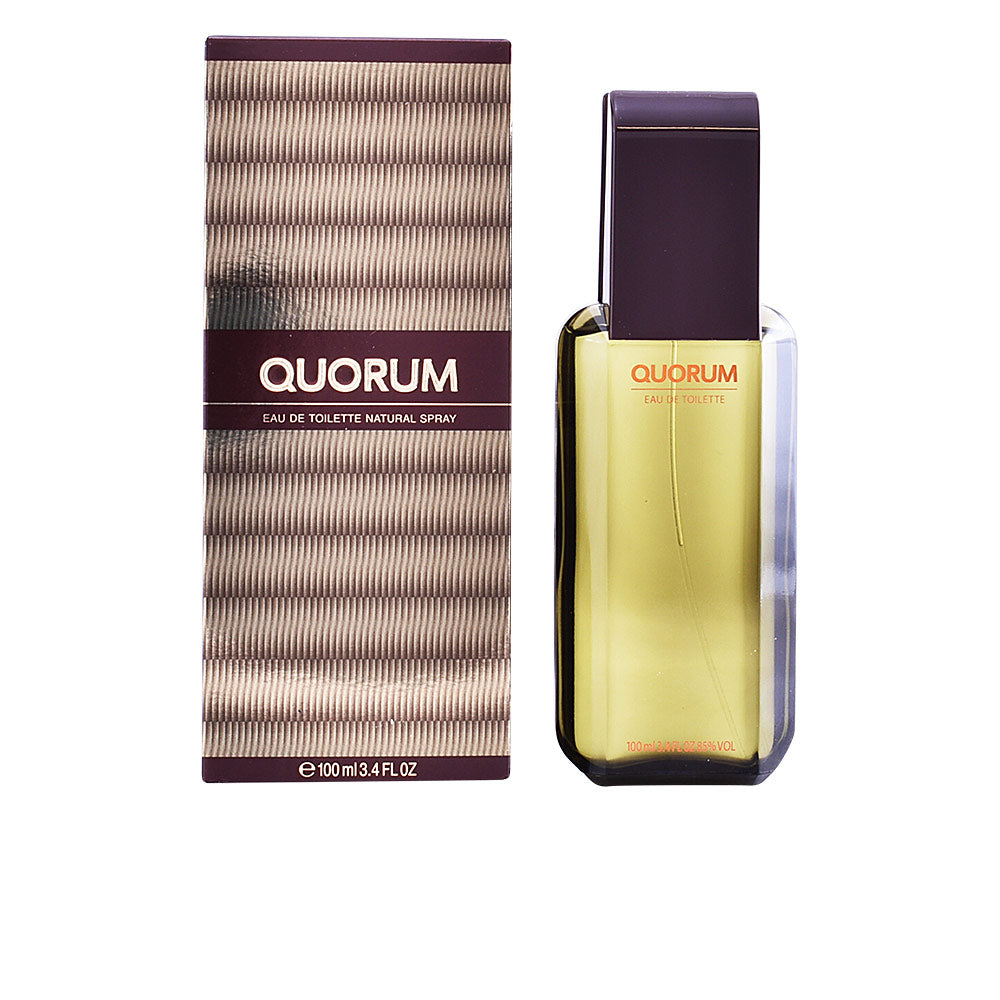 100 ml bottle of Quorum woody Eau de Toilette for Man, vintage packaging