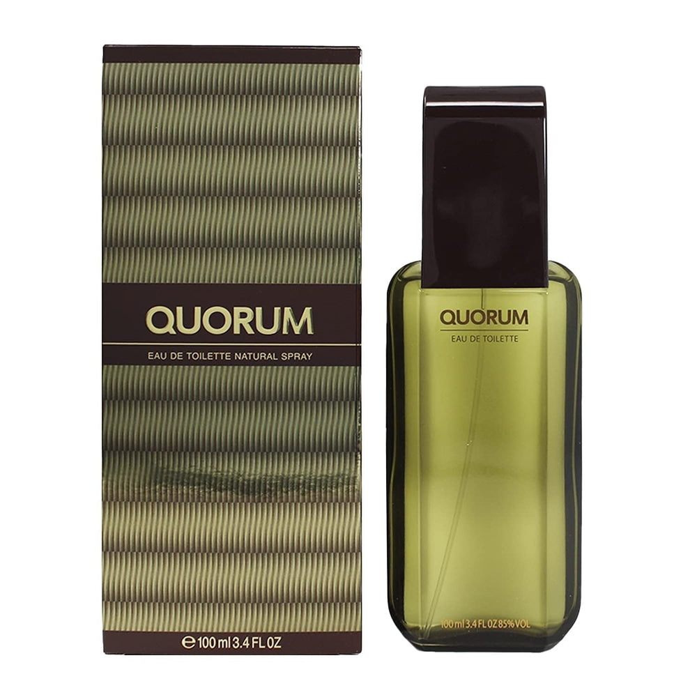 100 ml bottle of Quorum woody Eau de Toilette for Man, vintage packaging