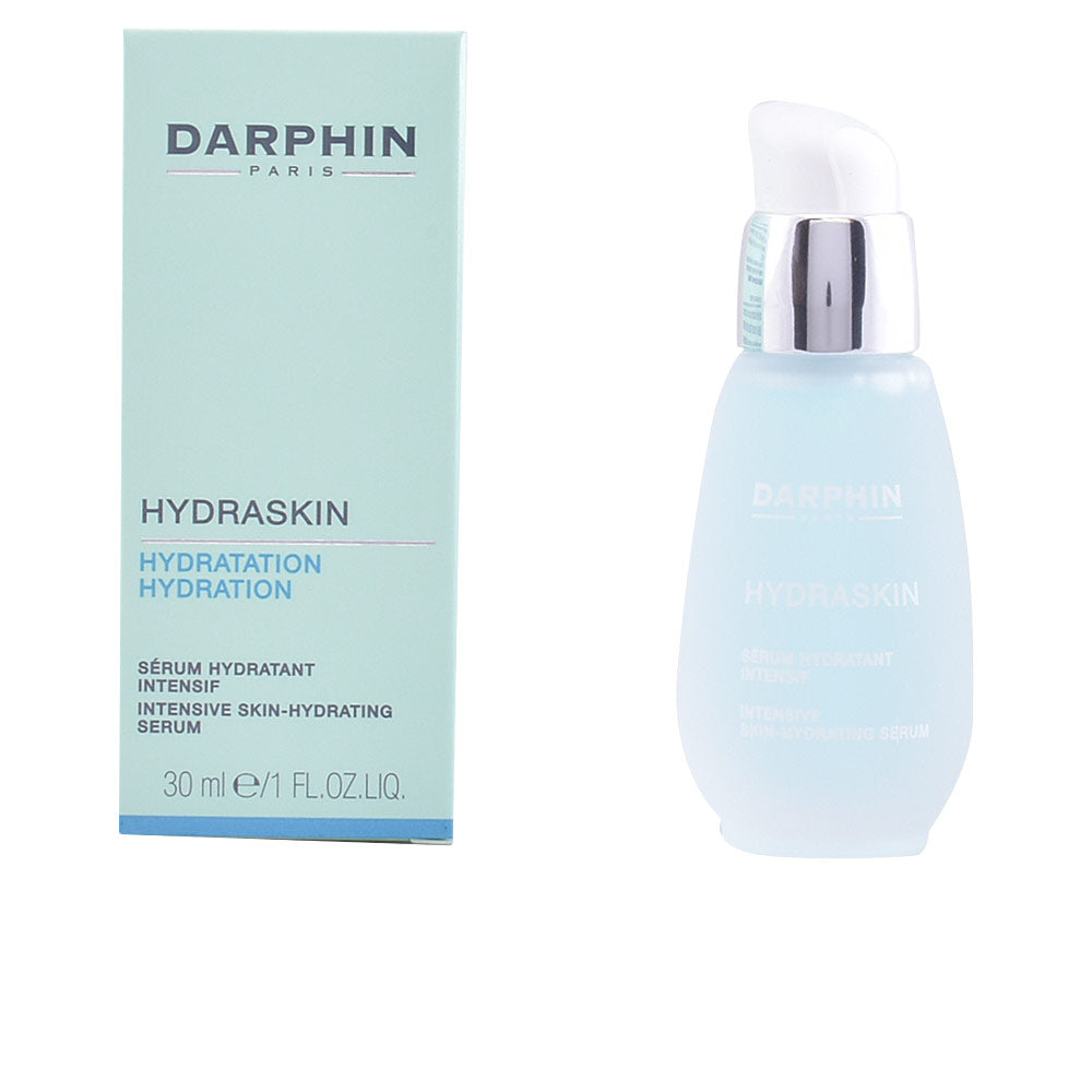 Darphin Light blue hydrating serum in frosted glass bottle with pump, silver collar, and matching rectangular box