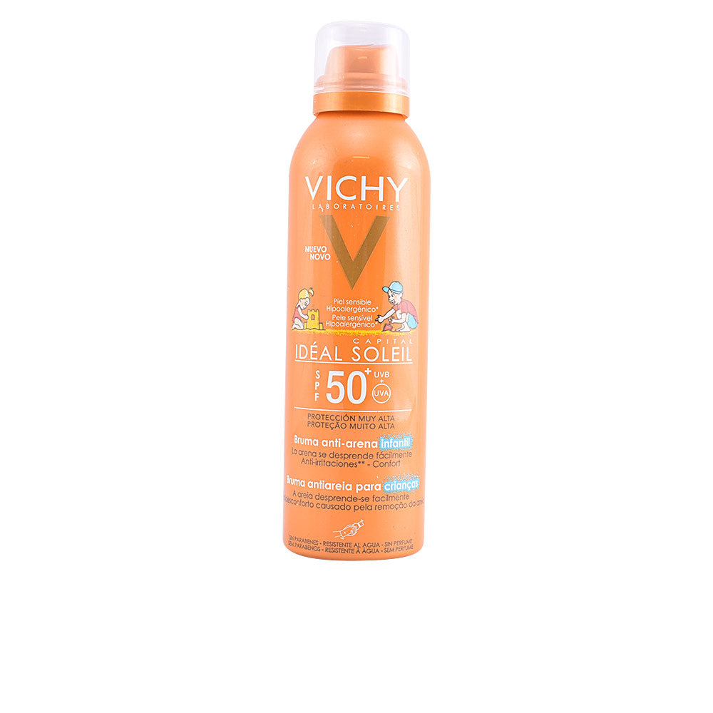 Vichy Ideal Soleil anti‑sand SPF 50+ mist for children, spray bottle on a pale background