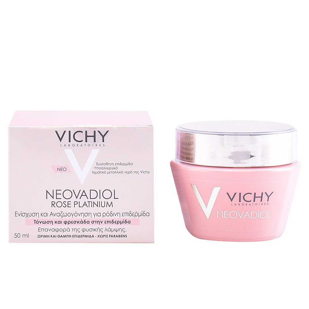 Vichy Pink face cream jar and box with silver lid and printed logo, modern clean design, plastic and cardboard