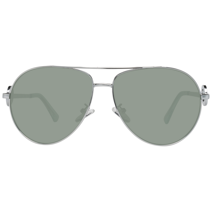 Unisex silver aviator sunglasses with green lenses, double bridge, circular temple logos, light-blue temple tips