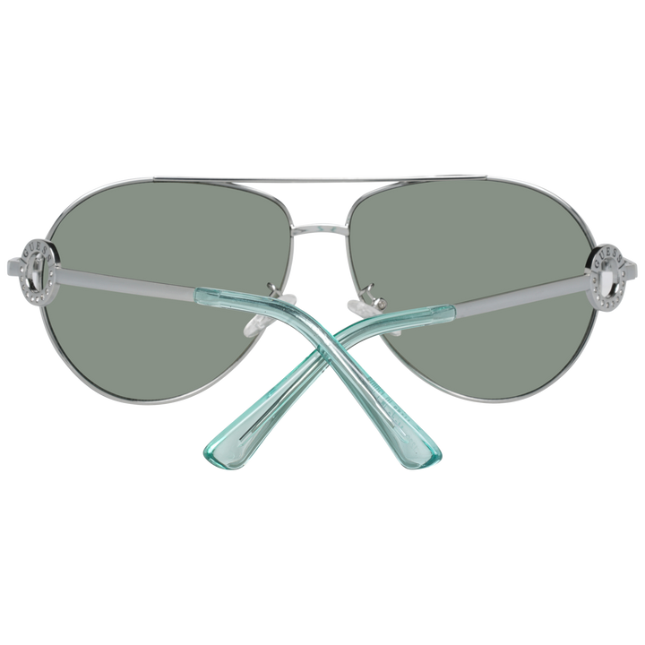 Unisex silver aviator sunglasses with green lenses, double bridge, circular temple logos, light-blue temple tips