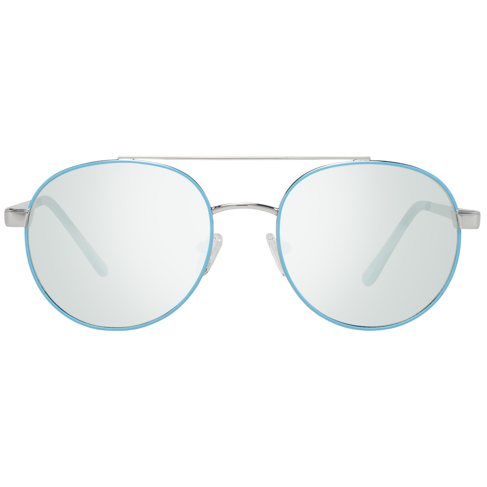 Unisex silver metal aviator eyeglasses with light-blue round lenses and double bridge on white background