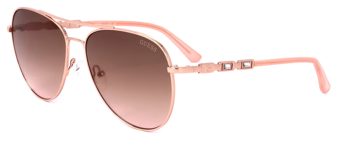 Rose gold aviator sunglasses with gradient brown lenses and decorative temple accents, displayed with leather case and cleaning cloth
