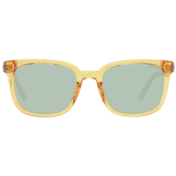 Unisex amber transparent square sunglasses with green lenses and visible metal hinge detail on sides